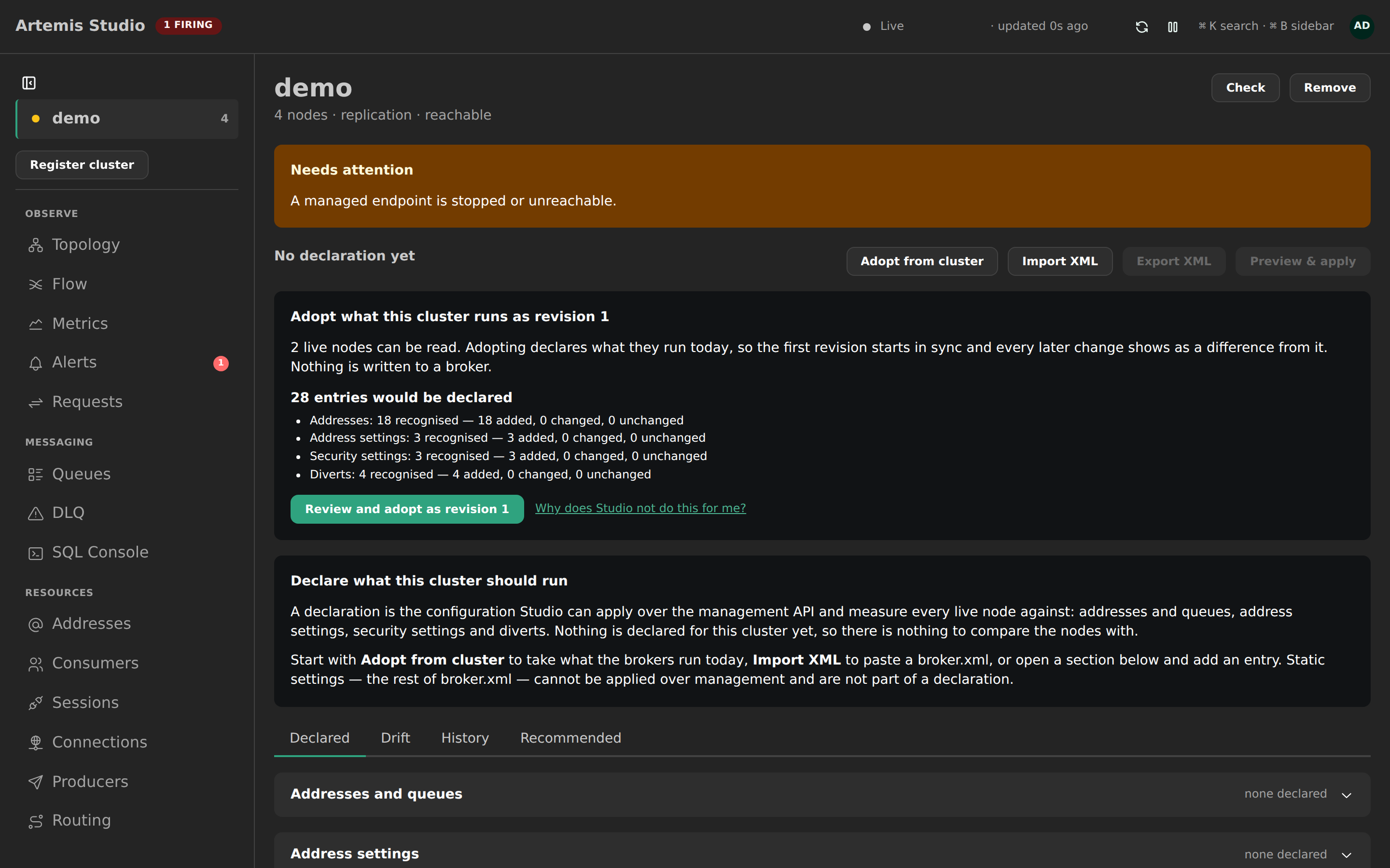 A cluster with live nodes and no declaration, offering to adopt what it runs as revision 1, with the counts per section and the reason Studio will not do it on its own
