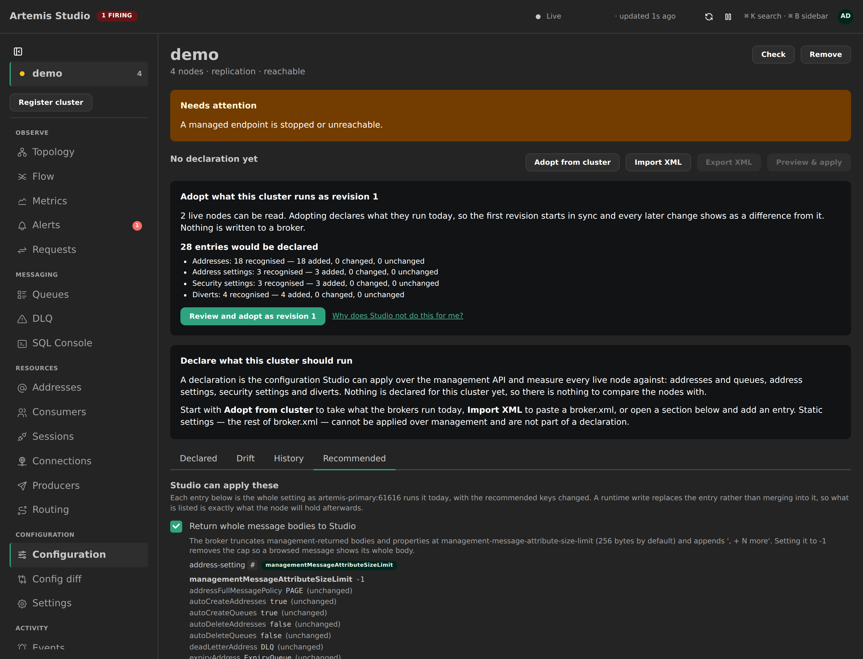The Recommended tab: two settings Studio can apply, each shown as the whole entry the node runs today with the recommended keys in bold above the keys the write also carries