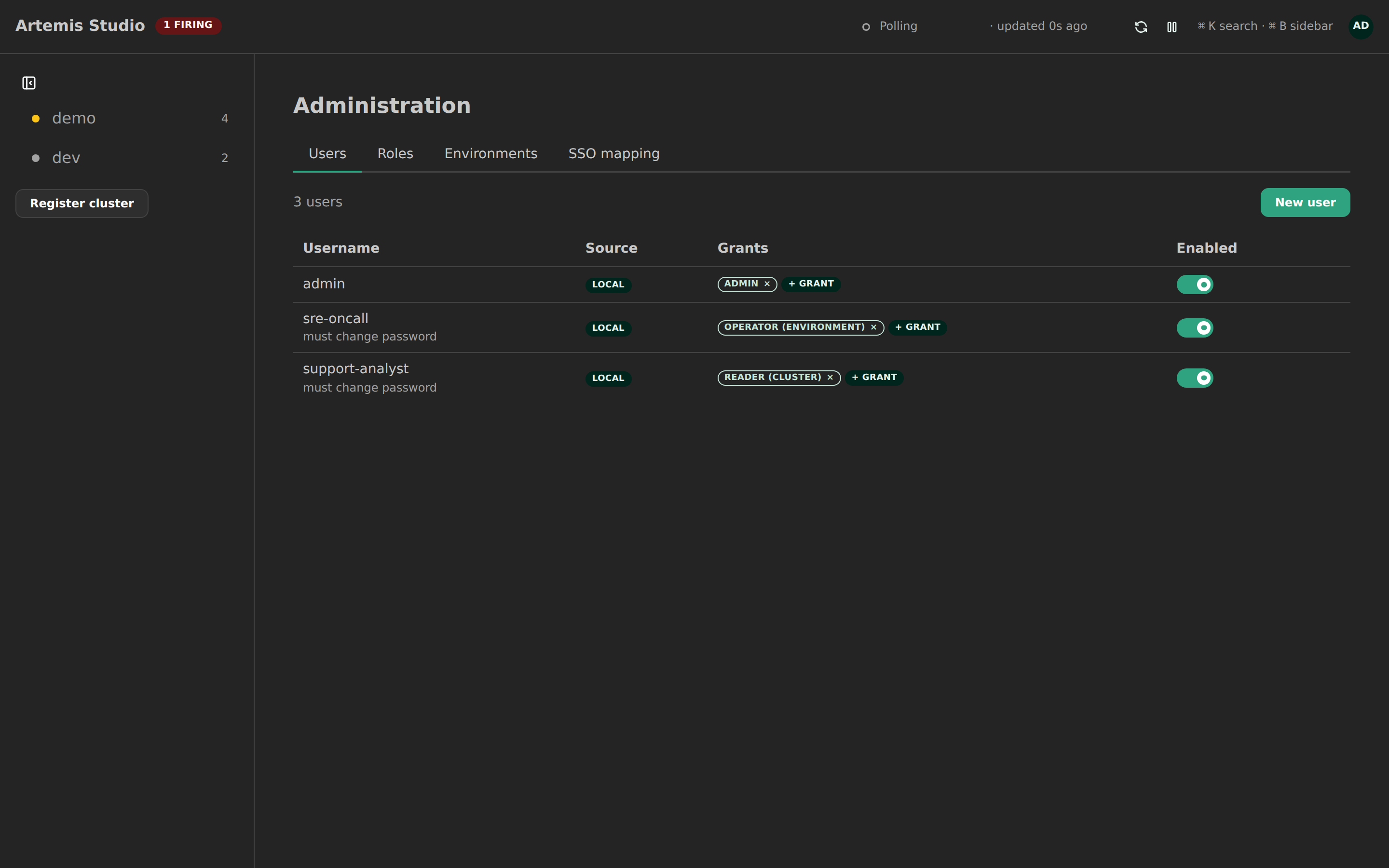 Users, scoped grants, environments, API tokens and OIDC claim mapping