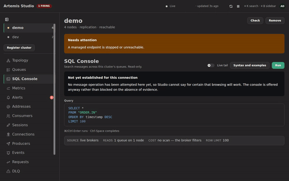 Querying every queue in a cluster from the SQL Console, then following the live tail